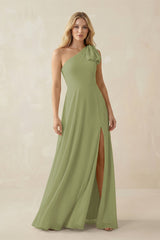 Ruffled One Shoulder Chiffon Bridesmaid Dress With Slit in Moss Green - KissProm BRIDESMAID DRESSES