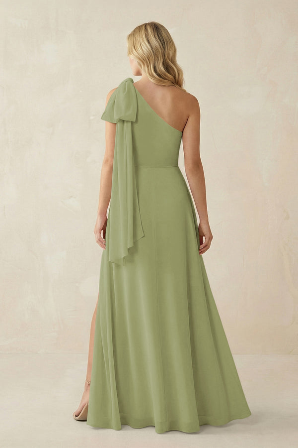 Ruffled One Shoulder Chiffon Bridesmaid Dress With Slit in Moss Green - KissProm BRIDESMAID DRESSES