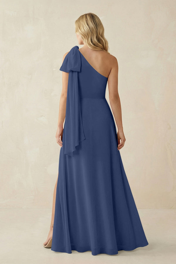 Ruffled One Shoulder Chiffon Bridesmaid Dress With Slit in Navy - KissProm BRIDESMAID DRESSES