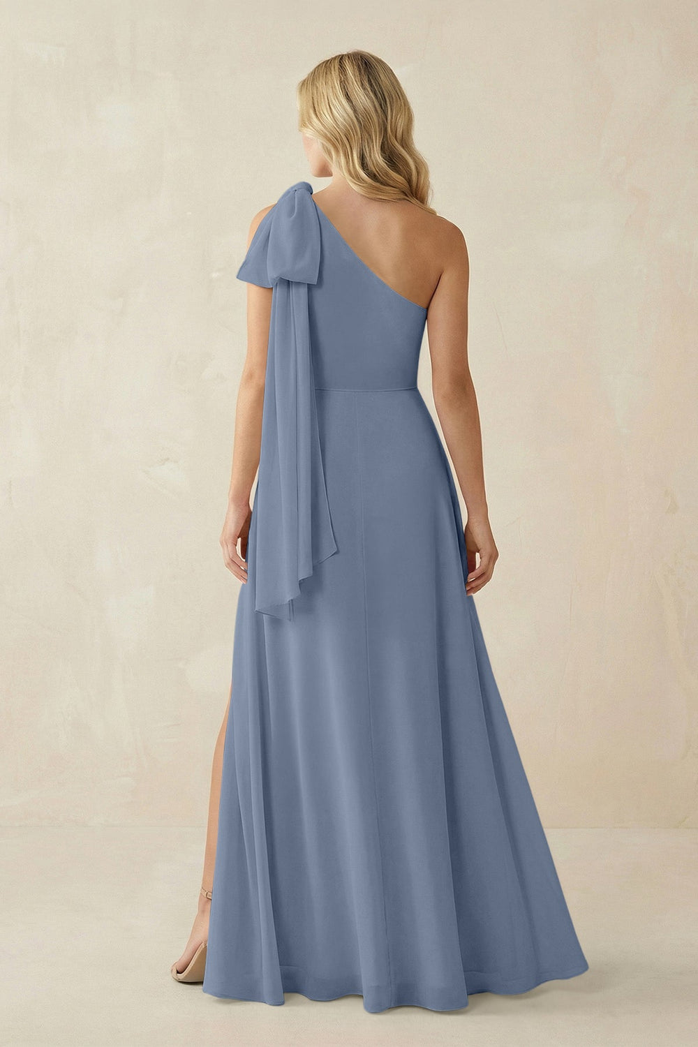 Ruffled One Shoulder Chiffon Bridesmaid Dress With Slit in Neptune - KissProm BRIDESMAID DRESSES
