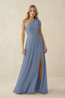 Ruffled One Shoulder Chiffon Bridesmaid Dress With Slit in Neptune - KissProm BRIDESMAID DRESSES