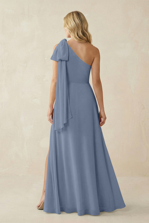 Ruffled One Shoulder Chiffon Bridesmaid Dress With Slit in Neptune - KissProm BRIDESMAID DRESSES