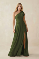 Ruffled One Shoulder Chiffon Bridesmaid Dress With Slit in Olive - KissProm BRIDESMAID DRESSES