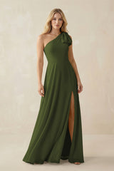 Ruffled One Shoulder Chiffon Bridesmaid Dress With Slit in Olive - KissProm BRIDESMAID DRESSES
