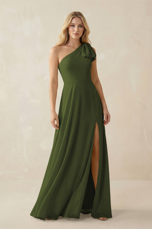 Ruffled One Shoulder Chiffon Bridesmaid Dress With Slit in Olive - KissProm BRIDESMAID DRESSES