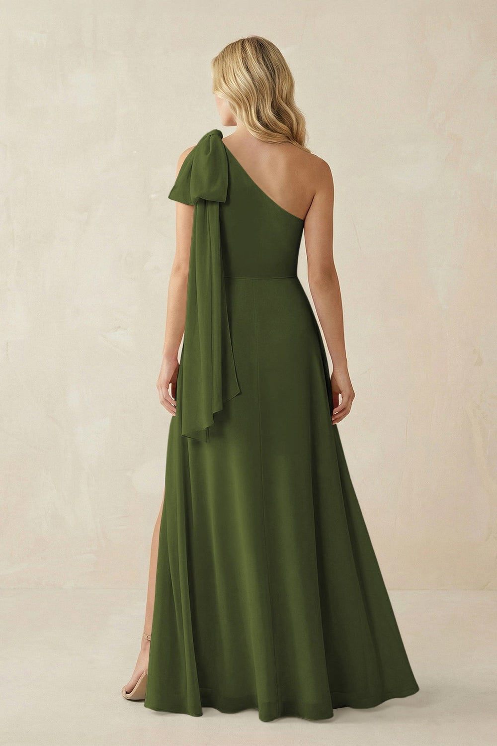 Ruffled One Shoulder Chiffon Bridesmaid Dress With Slit in Olive - KissProm BRIDESMAID DRESSES
