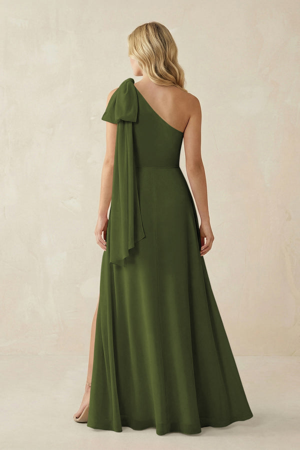 Ruffled One Shoulder Chiffon Bridesmaid Dress With Slit in Olive - KissProm BRIDESMAID DRESSES