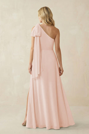 Ruffled One Shoulder Chiffon Bridesmaid Dress With Slit in Pale Blush - KissProm BRIDESMAID DRESSES