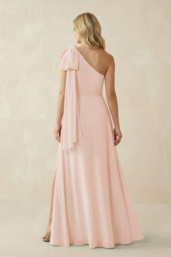 Ruffled One Shoulder Chiffon Bridesmaid Dress With Slit in Pale Blush - KissProm BRIDESMAID DRESSES