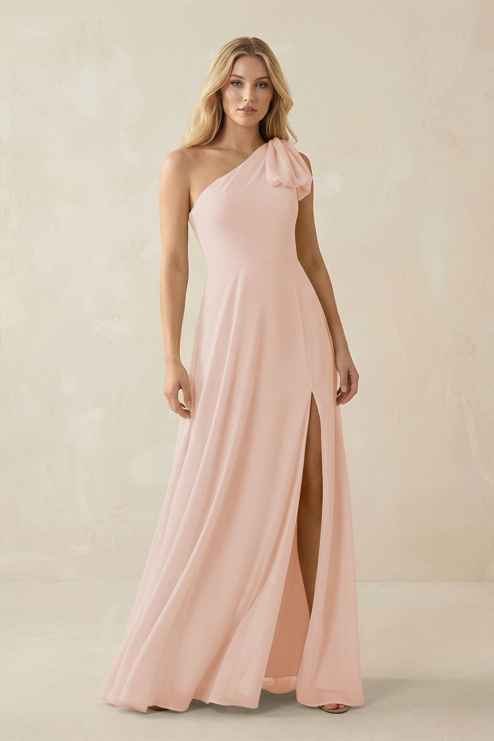 Ruffled One Shoulder Chiffon Bridesmaid Dress With Slit in Pale Blush - KissProm BRIDESMAID DRESSES