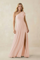 Ruffled One Shoulder Chiffon Bridesmaid Dress With Slit in Pale Blush - KissProm BRIDESMAID DRESSES