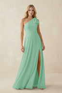 Ruffled One Shoulder Chiffon Bridesmaid Dress With Slit in Pale Pistachio - KissProm BRIDESMAID DRESSES