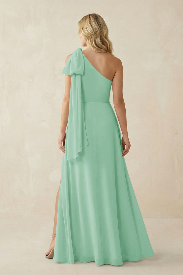 Ruffled One Shoulder Chiffon Bridesmaid Dress With Slit in Pale Pistachio - KissProm BRIDESMAID DRESSES