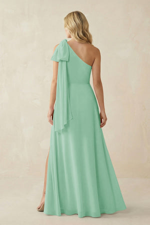 Ruffled One Shoulder Chiffon Bridesmaid Dress With Slit in Pale Pistachio - KissProm BRIDESMAID DRESSES