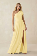 Ruffled One Shoulder Chiffon Bridesmaid Dress With Slit in Pastel Yellow - KissProm BRIDESMAID DRESSES