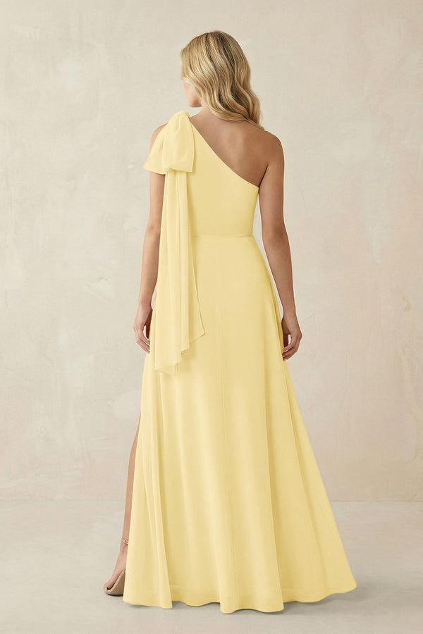 Ruffled One Shoulder Chiffon Bridesmaid Dress With Slit in Pastel Yellow - KissProm BRIDESMAID DRESSES