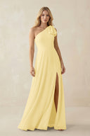 Ruffled One Shoulder Chiffon Bridesmaid Dress With Slit in Pastel Yellow - KissProm BRIDESMAID DRESSES