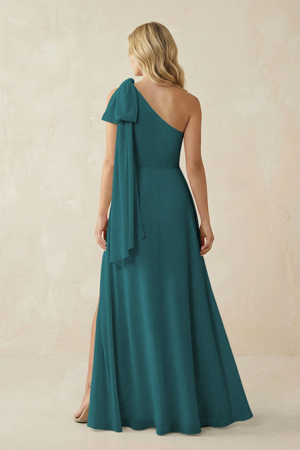 Ruffled One Shoulder Chiffon Bridesmaid Dress With Slit in Pine - KissProm BRIDESMAID DRESSES