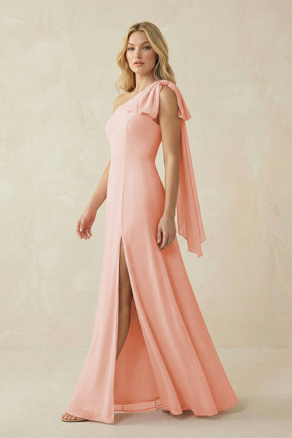Ruffled One Shoulder Chiffon Bridesmaid Dress With Slit in Rose Petal - KissProm BRIDESMAID DRESSES