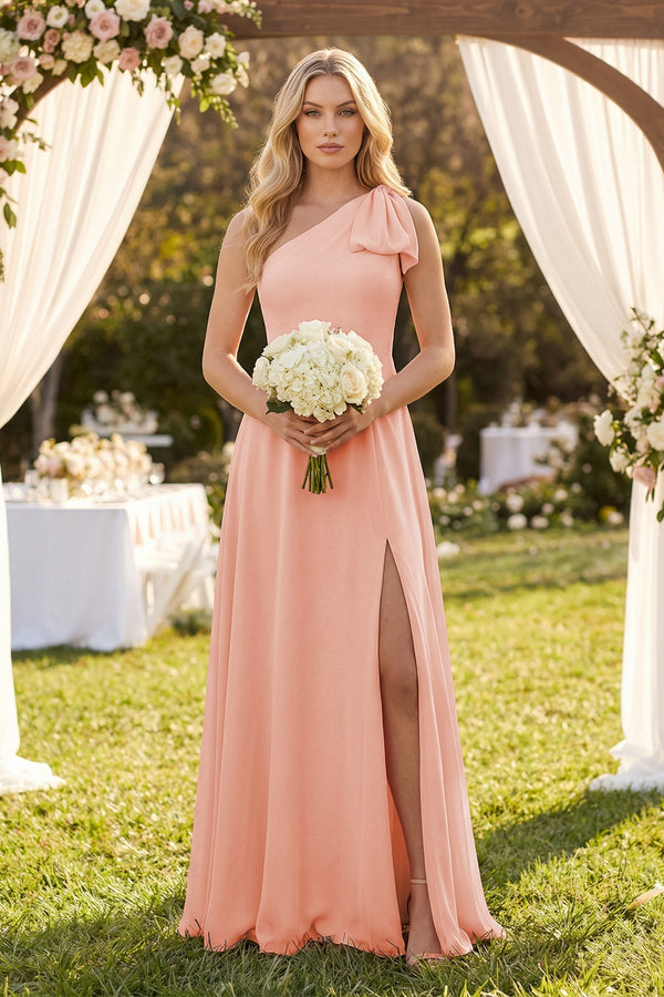 KissProm | Ruffled One-Shoulder Chiffon Bridesmaid Dress With Slit in Rose Petal KissProm | Ruffled One-Shoulder Chiffon Bridesmaid Dress With Slit in Rose Petal