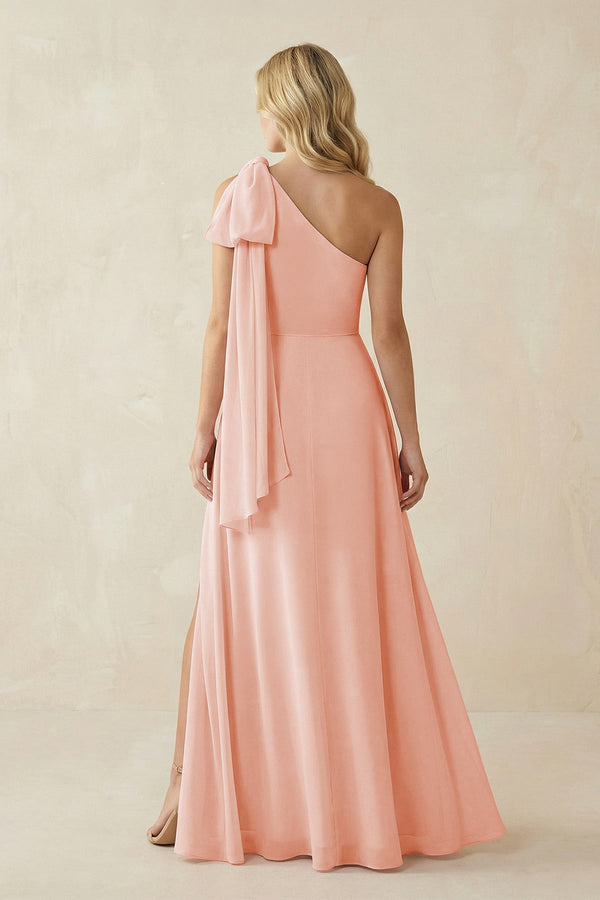Ruffled One Shoulder Chiffon Bridesmaid Dress With Slit in Rose Petal - KissProm BRIDESMAID DRESSES
