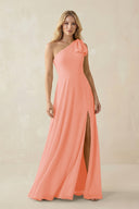 Ruffled One Shoulder Chiffon Bridesmaid Dress With Slit in Rosette - KissProm BRIDESMAID DRESSES