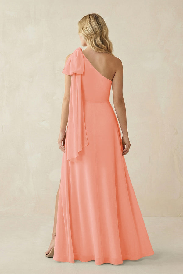 Ruffled One Shoulder Chiffon Bridesmaid Dress With Slit in Rosette - KissProm BRIDESMAID DRESSES