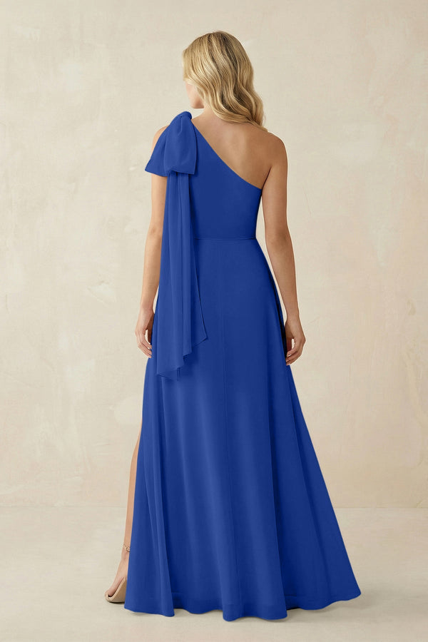 Ruffled One Shoulder Chiffon Bridesmaid Dress With Slit in Royal Blue - KissProm BRIDESMAID DRESSES