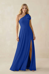 Ruffled One Shoulder Chiffon Bridesmaid Dress With Slit in Royal Blue - KissProm BRIDESMAID DRESSES