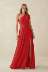 Ruffled One Shoulder Chiffon Bridesmaid Dress With Slit in Ruby Red - KissProm BRIDESMAID DRESSES