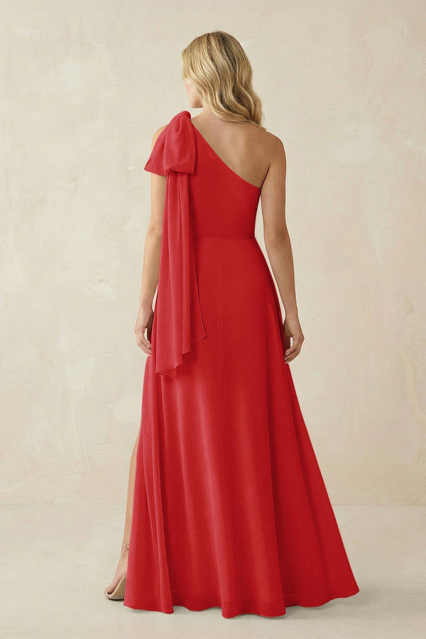 Ruffled One Shoulder Chiffon Bridesmaid Dress With Slit in Ruby Red - KissProm BRIDESMAID DRESSES