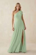 Ruffled One Shoulder Chiffon Bridesmaid Dress With Slit in Sage - KissProm BRIDESMAID DRESSES