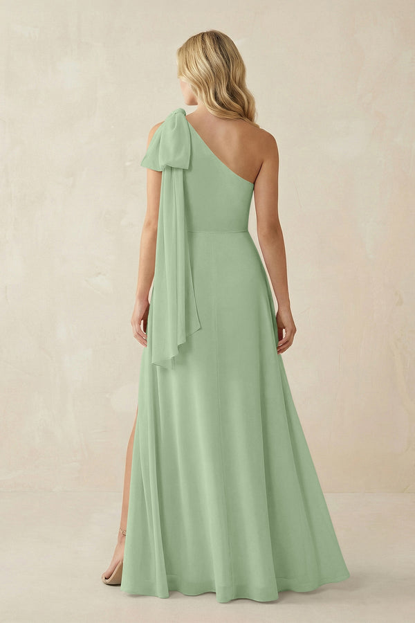 Ruffled One Shoulder Chiffon Bridesmaid Dress With Slit in Sage - KissProm BRIDESMAID DRESSES
