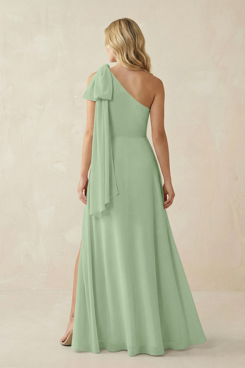 Ruffled One Shoulder Chiffon Bridesmaid Dress With Slit in Sage - KissProm BRIDESMAID DRESSES