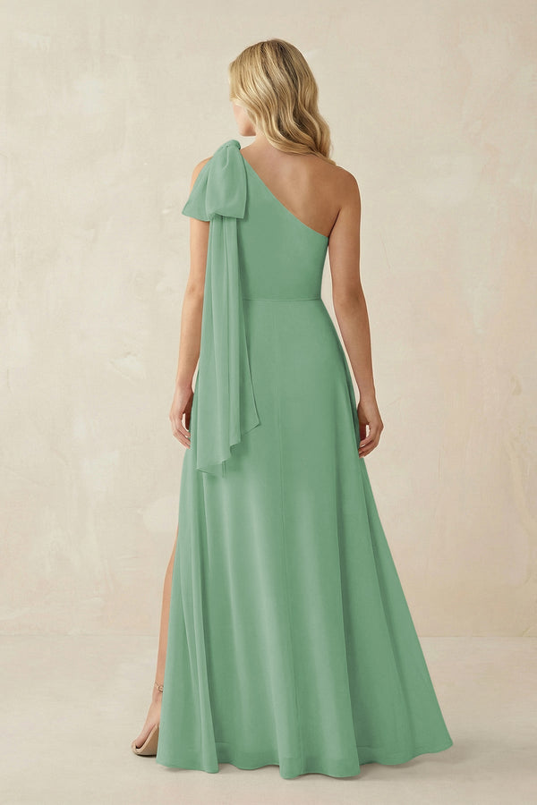 Ruffled One Shoulder Chiffon Bridesmaid Dress With Slit in Sea Glass - KissProm BRIDESMAID DRESSES