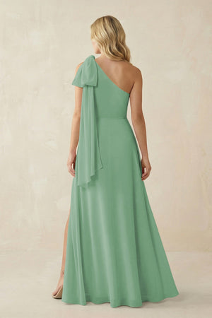 Ruffled One Shoulder Chiffon Bridesmaid Dress With Slit in Sea Glass - KissProm BRIDESMAID DRESSES