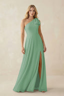 Ruffled One Shoulder Chiffon Bridesmaid Dress With Slit in Sea Glass - KissProm BRIDESMAID DRESSES