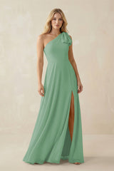 Ruffled One Shoulder Chiffon Bridesmaid Dress With Slit in Sea Glass - KissProm BRIDESMAID DRESSES