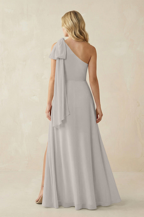 Ruffled One Shoulder Chiffon Bridesmaid Dress With Slit in Silver - KissProm BRIDESMAID DRESSES