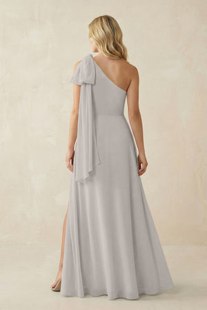 Ruffled One Shoulder Chiffon Bridesmaid Dress With Slit in Silver - KissProm BRIDESMAID DRESSES