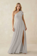 Ruffled One Shoulder Chiffon Bridesmaid Dress With Slit in Silver - KissProm BRIDESMAID DRESSES