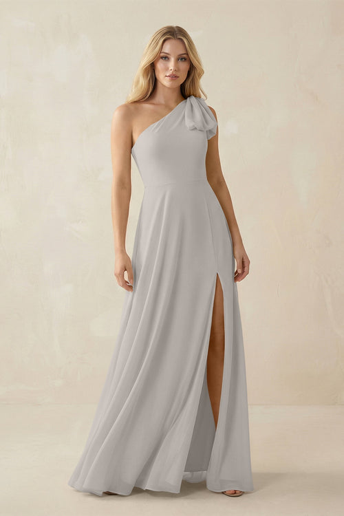 Ruffled One Shoulder Chiffon Bridesmaid Dress With Slit in Silver - KissProm BRIDESMAID DRESSES