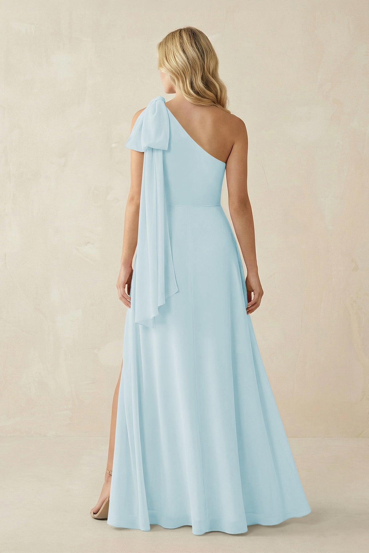 KissProm Ruffled One Shoulder Chiffon Bridesmaid Dress With Slit in Sky Blue, Sky Blue / 20