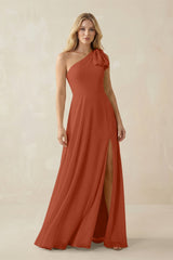 Ruffled One Shoulder Chiffon Bridesmaid Dress With Slit in Spice - KissProm BRIDESMAID DRESSES