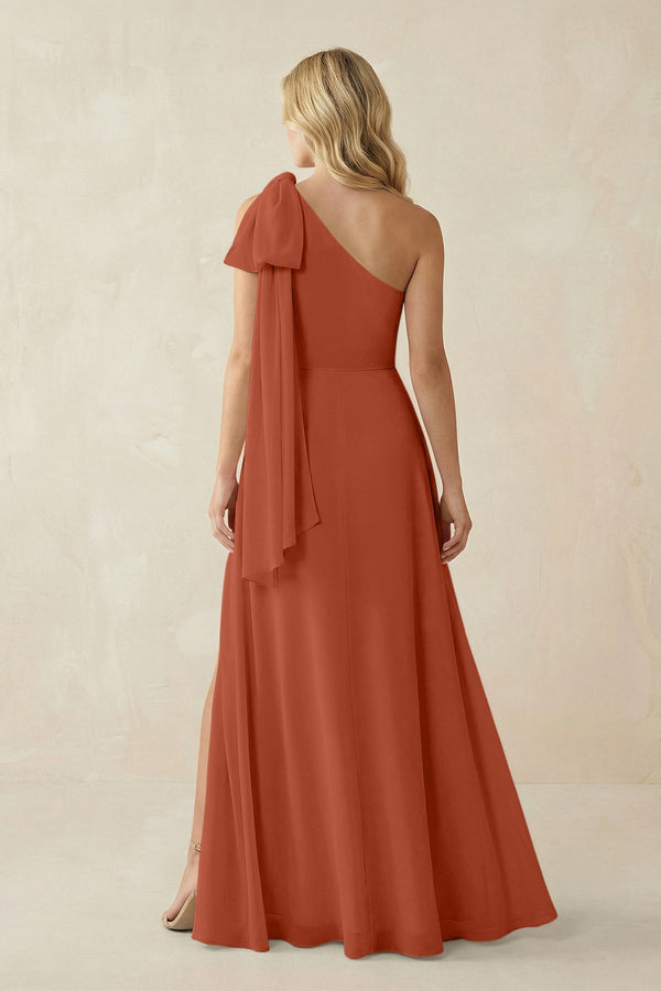 Ruffled One Shoulder Chiffon Bridesmaid Dress With Slit in Spice - KissProm BRIDESMAID DRESSES
