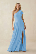 Ruffled One Shoulder Chiffon Bridesmaid Dress With Slit in Steel Blue - KissProm BRIDESMAID DRESSES