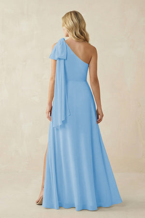 Ruffled One Shoulder Chiffon Bridesmaid Dress With Slit in Steel Blue - KissProm BRIDESMAID DRESSES