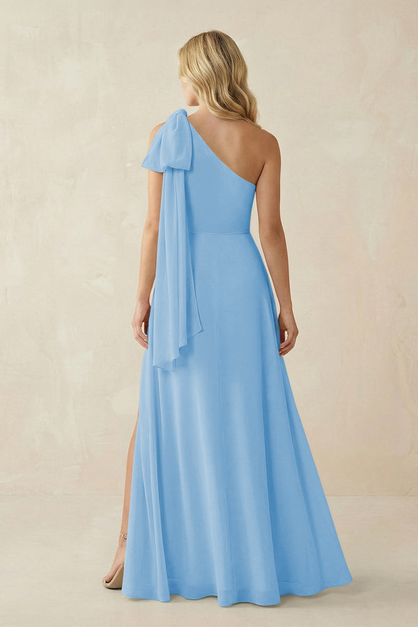 Ruffled One Shoulder Chiffon Bridesmaid Dress With Slit in Steel Blue - KissProm BRIDESMAID DRESSES