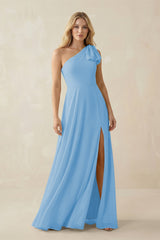 Ruffled One Shoulder Chiffon Bridesmaid Dress With Slit in Steel Blue - KissProm BRIDESMAID DRESSES