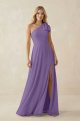Ruffled One Shoulder Chiffon Bridesmaid Dress With Slit in Tahiti - KissProm BRIDESMAID DRESSES